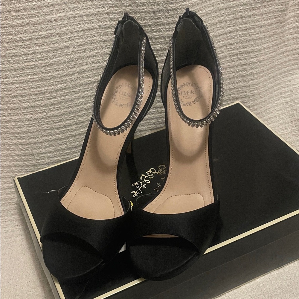 L Miller Crystal-Ankle Black Satin Open-Toe Heels